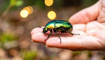 Close Up Of A Vibrant Emerald Green Beetle Resting On A Person's Open Palm With Soft Bokeh Lights In The Background