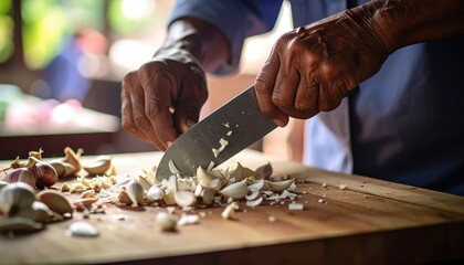 Elderly Hands Chopping Garlic On Wooden Cutting Board Warm Natural Light Preparing Food Close Up