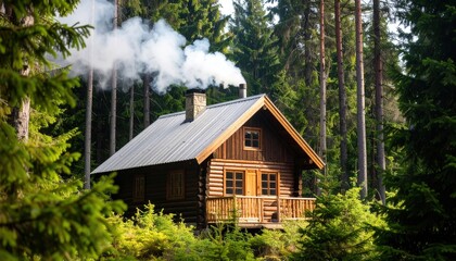Rustic Log Cabin Nestled in a Lush Green Forest with Smoke Rising from Chimney