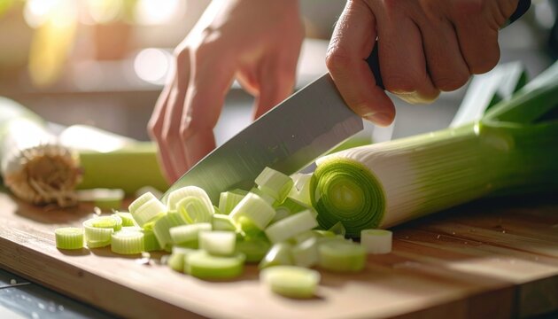 Close Up Of Hands Chopping Fresh Green Leeks On A Wooden Cutting Board With A Sharp Knife In A Kitchen Environment With Soft Natural Lighting