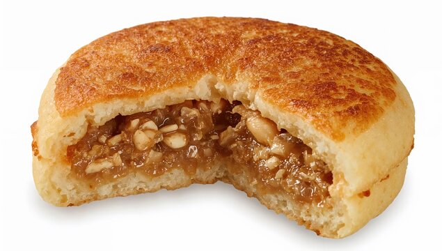 Korean hotteok sweet pancake cut open revealing gooey brown sugar and nut filling on white background