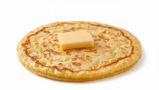 Traditional venezuelan cachapa corn pancake with slice of fresh cheese on white background typical latin american breakfast