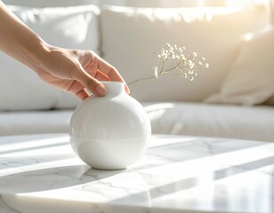 Gentle Hand Placing Small White Flower Vase on Marble Table in Sunlit Living Room with Soft White Sofa