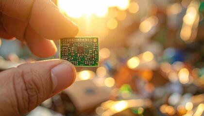Hand Holding Tiny Green Electronic Circuit Board Against Golden Sunset Bokeh Background