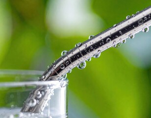 Close up macro of a metallic straw with water droplets entering a clear glass filled with bubbly liquid against a soft focus green background in natural daylight