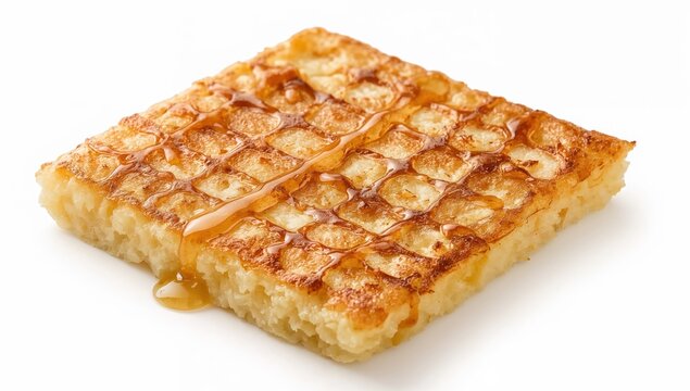 Moroccan msemen square pancake with honey drizzle on white background, traditional north african breakfast or dessert