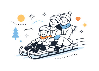 Winter Sleigh Ride. Group enjoying sleigh ride memory. Group slowing down at the end of the ride with gentle smiles, sense of calm happiness and winter