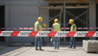 Caution tape in a red and white pattern warns about a restricted access area with blurred construction workers and scaffolding in the background, suggesting a secured scene or incident