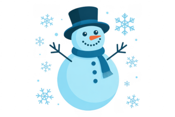 Snowman in a hat and scarf with snowflakes winter isolated on a transparent background