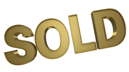 Large gold 3d sold sign symbolizing sale or auction concept isolated on transparent white background