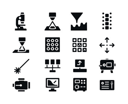 Advanced Microscopy Icons. Advanced microscopy types. Solid icon set of Advanced microscopy types: electron microscope, confocal lens icon, atomic force tip,