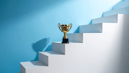 "Silver trophy atop white staircase angled diagonally, blue background, symbol of achievement, progress, effort, success, reaching goals, visual metaphor of climbing challenges, reward at summit, dete