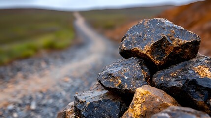 Weathered rocks stacked beside remote mountain road through scenic highland landscape with rolling hills and dramatic sky for travel concepts.