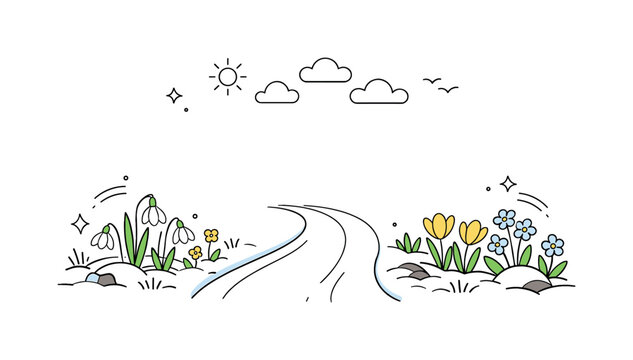 Spring Path Illustration. Early spring border illustration. Minimal snowy road flanked by emerging flowers and greenery, creating a gentle contrast between