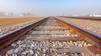Journey's Horizon: An unending railway track stretches into the distance, framed by a vast, open landscape that fades into a misty horizon, evoking a sense of endless possibilities.