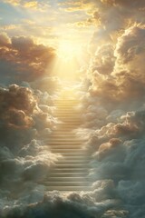 Stairway to heaven with dramatic sunlight and fluffy clouds