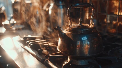 Steaming Kettle: An antique kettle, perched atop a stove, emits wisps of steam, filling the air with the promise of warmth and comfort. Evoking a sense of nostalgia.