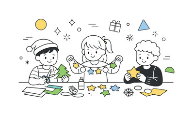 Kids Crafting Ornaments. Kids making holiday decorations. Children sitting at a table, cutting paper and crafting festive ornaments together. Creative play and