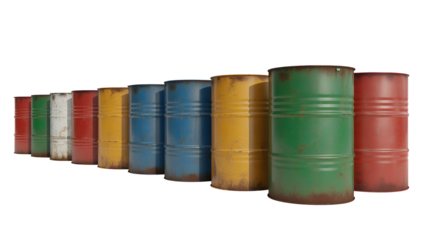 Colorful metal drums or barrels arranged in a row varying in size and rusty condition isolated on transparent white background