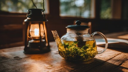 Tea Time in a Cozy Ambiance: A serene moment captured as a glass teapot steeps fragrant herbal tea, casting a warm glow with a vintage lantern in a rustic setting, inviting tranquility and reflection.