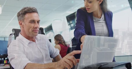 Animation of financial data processing over diverse business people using laptop - Powered by Adobe