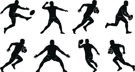 Obraz premium Rugby player silhouette action set showing running passing tackling kicking poses isolated black athlete vector illustration collection