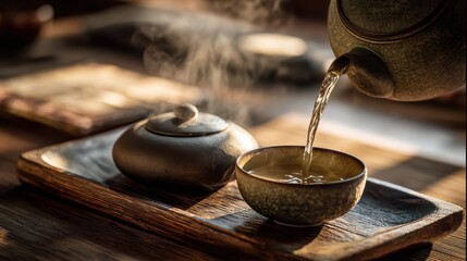 Serene Tea Ceremony: A tranquil moment captured, showcasing a traditional tea ceremony with a vintage teapot pouring steaming tea into a delicate cup. It is the epitome of serenity.
