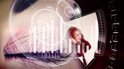 Animation of round scanner and data processing over close up of a female eye - Powered by Adobe