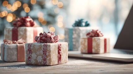 A beautifully wrapped collection of gifts on a table with a Christmas tree in the background