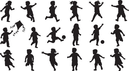 Silhouettes of children playing and having fun outdoors together