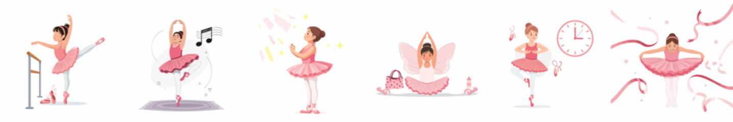 Collection of flat vector illustrations depicting a young girl's ballet journey, showing practice, graceful poses, performance, stretching, and dedication to dance. © Nurdayatt