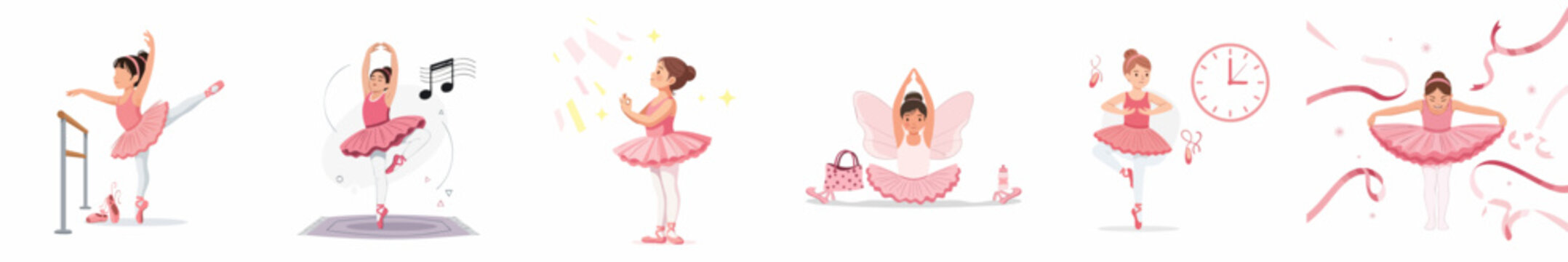 Collection of flat vector illustrations depicting a young girl's ballet journey, showing practice, graceful poses, performance, stretching, and dedication to dance.