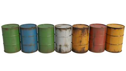 Colorful rusty metal drums or barrels lined up in a row a varying in color and rust level isolated on transparent white background