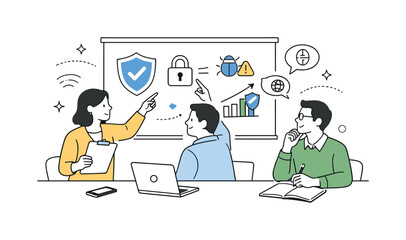 Cybersecurity Strategy Session. Cybersecurity meeting. A small team discussing online protection strategies while pointing at simple icons and