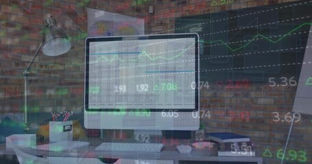 Animation of stock market data processing against computer on office desk - Powered by Adobe