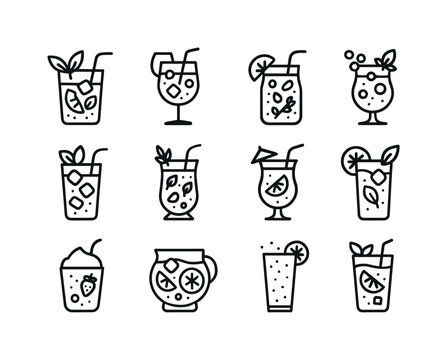 Mocktail Icons Collection. Mocktails. Line icon set of Mocktails: virgin mojito, fruit spritzer, iced lemonade, sparkling berry mocktail, cucumber cooler,