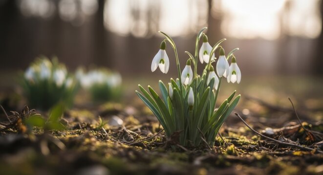 Close-up of delicate white snowdrop flowers blooming in dappled sunlight on forest floor