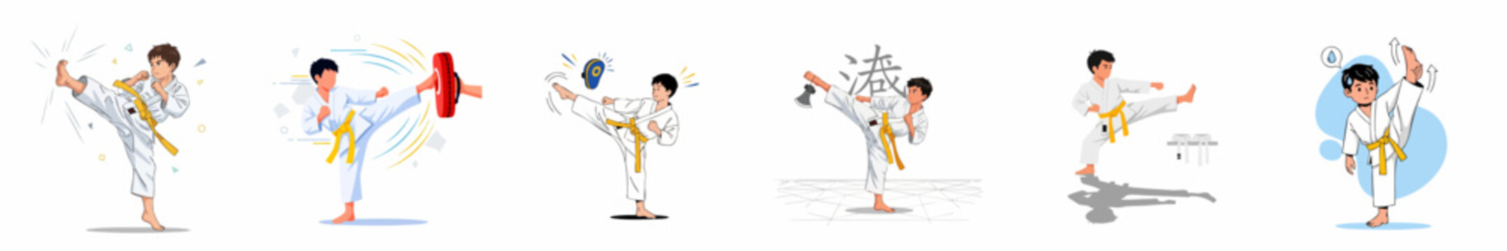 Dynamic Martial Arts Training Vector Set: Young Athlete in Yellow Belt Practices Various High Kicks for Skill and Fitness in Karate or Taekwondo.