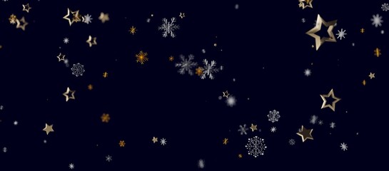 Fototapeta premium Elegant dark blue background with sparkling gold stars and snowflakes, creating a festive, dreamy and magical a