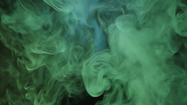 High-definition 4K video, abstract cloud green blue smoke on black background, swirling organically, glowing bioluminescent edges dynamic motion flowing patterns, cinematic lighting, ethereal hypnotic