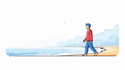 Obraz premium A lone figure strolls along a serene beach, bathed in soft, hazy light