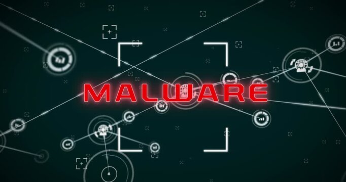 Animation of malware text with viewfinder and connected graph and person, globe icons