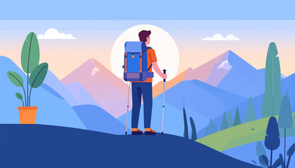 Obraz premium A lone hiker with a backpack pauses on a ridge, admiring a vast mountain vista at dawn