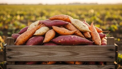 Close-up of harvested sweet potatoes overflowing a wooden crate in a sunlit field