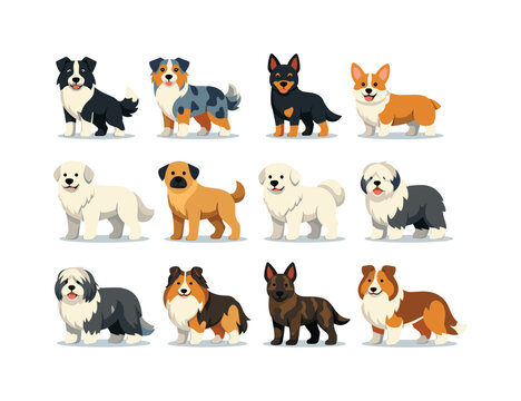 Farm Dog Icons. Farm Dog Breeds. Colorful flat vector icons set of Farm Dog Breeds: border collie, australian shepherd, kelpie, corgi herder, great pyrenees,