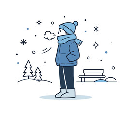 Winter Warmth Vignette. Winter lifestyle concept illustration. Simplified figure dressed warmly outdoors with visible breath and falling snow, calm everyday