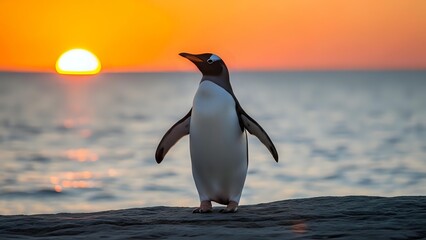 Obraz premium Adelie penguin standing on rocky shore during golden sunset over ocean waves with warm orange sky reflecting on water creating peaceful seascape moment.