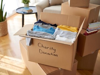 Charity Donation Box with Clothing - Moving, Decluttering, Generosity Concept