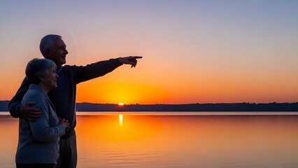 Fototapeta premium Senior couple enjoying romantic sunset by lake with man pointing toward horizon during golden hour vacation moment.
