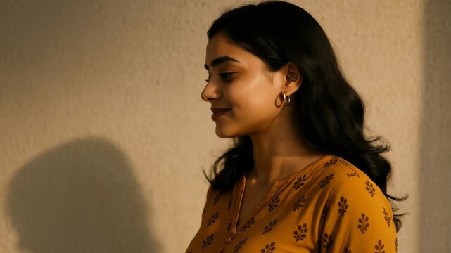 Warm, intimate portrait of a woman in traditional attire, captured at eye level. Perfect for a video thumbnail on cultural topics.